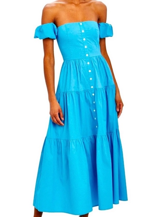 STAUD Dresses & Skirts - Staud Elio Off-The-Shoulder Tiered Poplin Midi Dress in Bright Blue, size 16